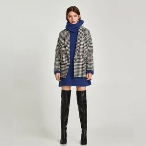 Zara Black White Tweed Checked Coat Jacket Size S-M